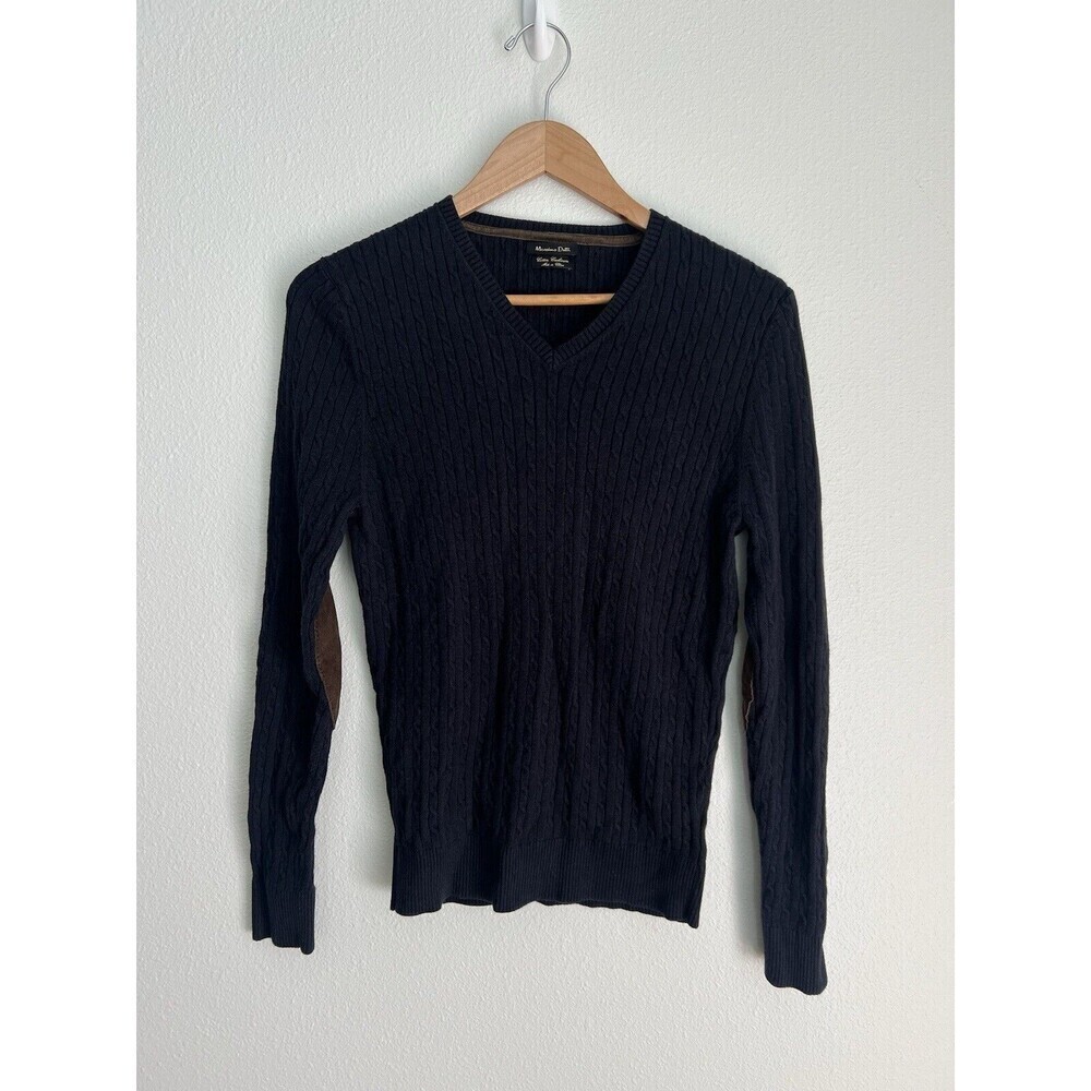 Massimo Dutti Cable Knit Sweater V-Neck Wool Cashmere Blend Suede Elbow Patch S